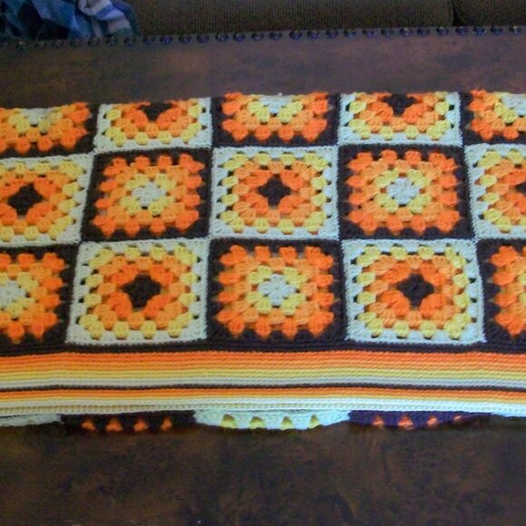 Vintage 70's Hand Crochet Granny Square Afghan Orange Yellow Brown 42" x 70" - Picture 3 of 8